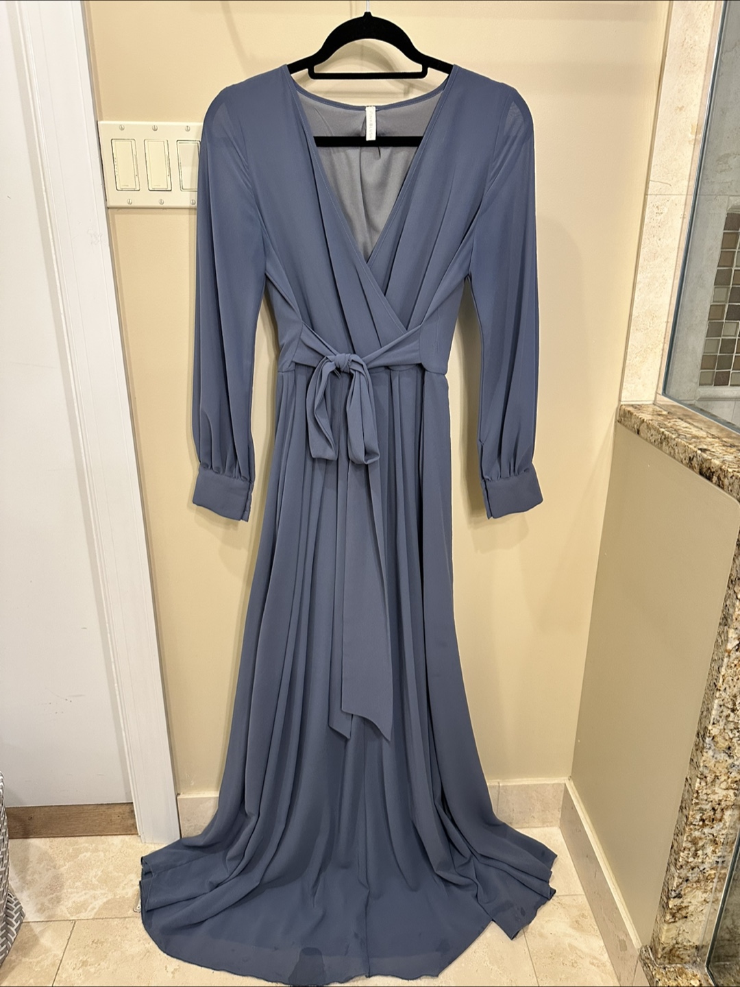 Blue Chiffon Long Sleeve Pleated Maternity Maxi Dress