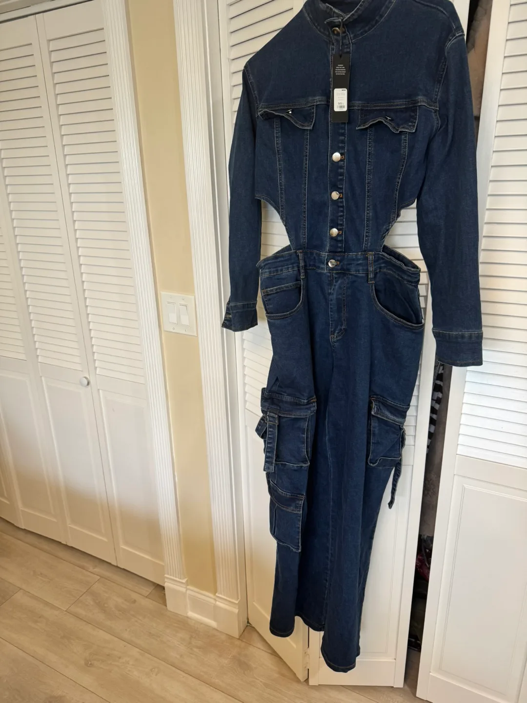 Fashion Nova Bring The Style Denim Jumpsuit - Size L thumbnail