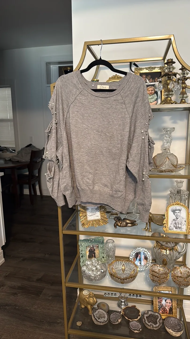 Gray Pearl Embellished Cutout Sleeve Sweater thumbnail