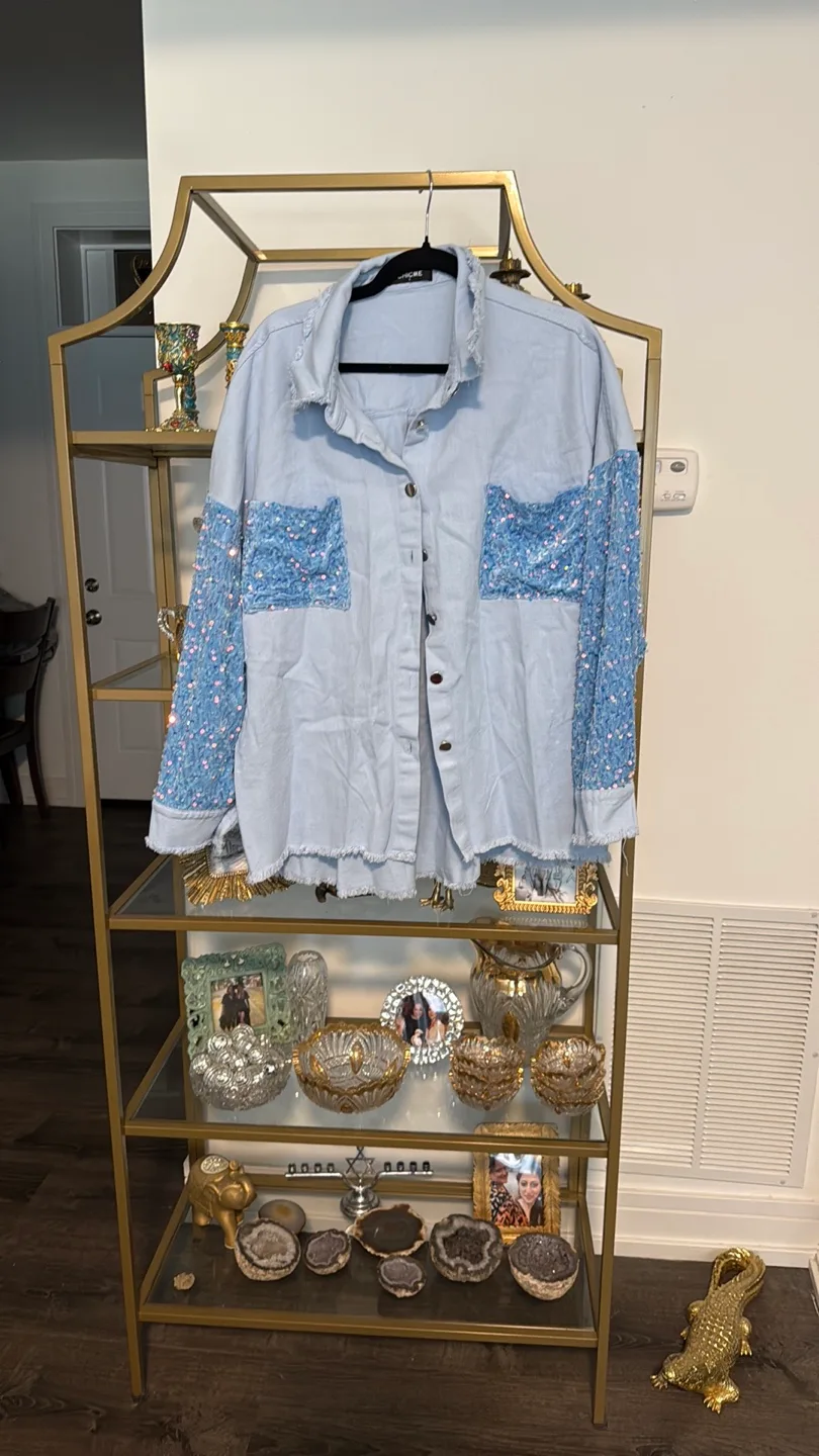 Light Blue Denim Jacket with Sequin Sleeves thumbnail