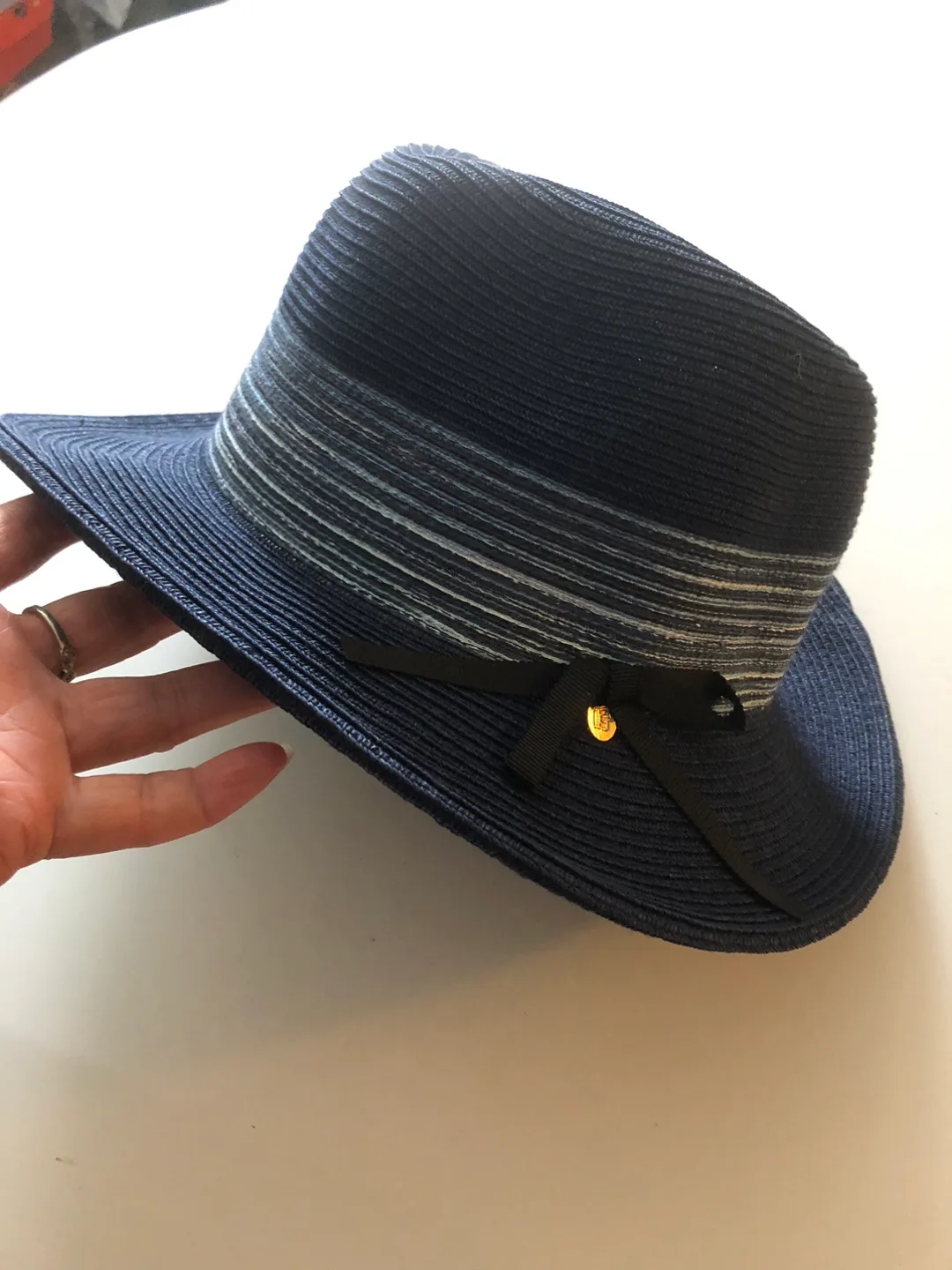 Navy Blue Straw Hat with Ribbon thumbnail