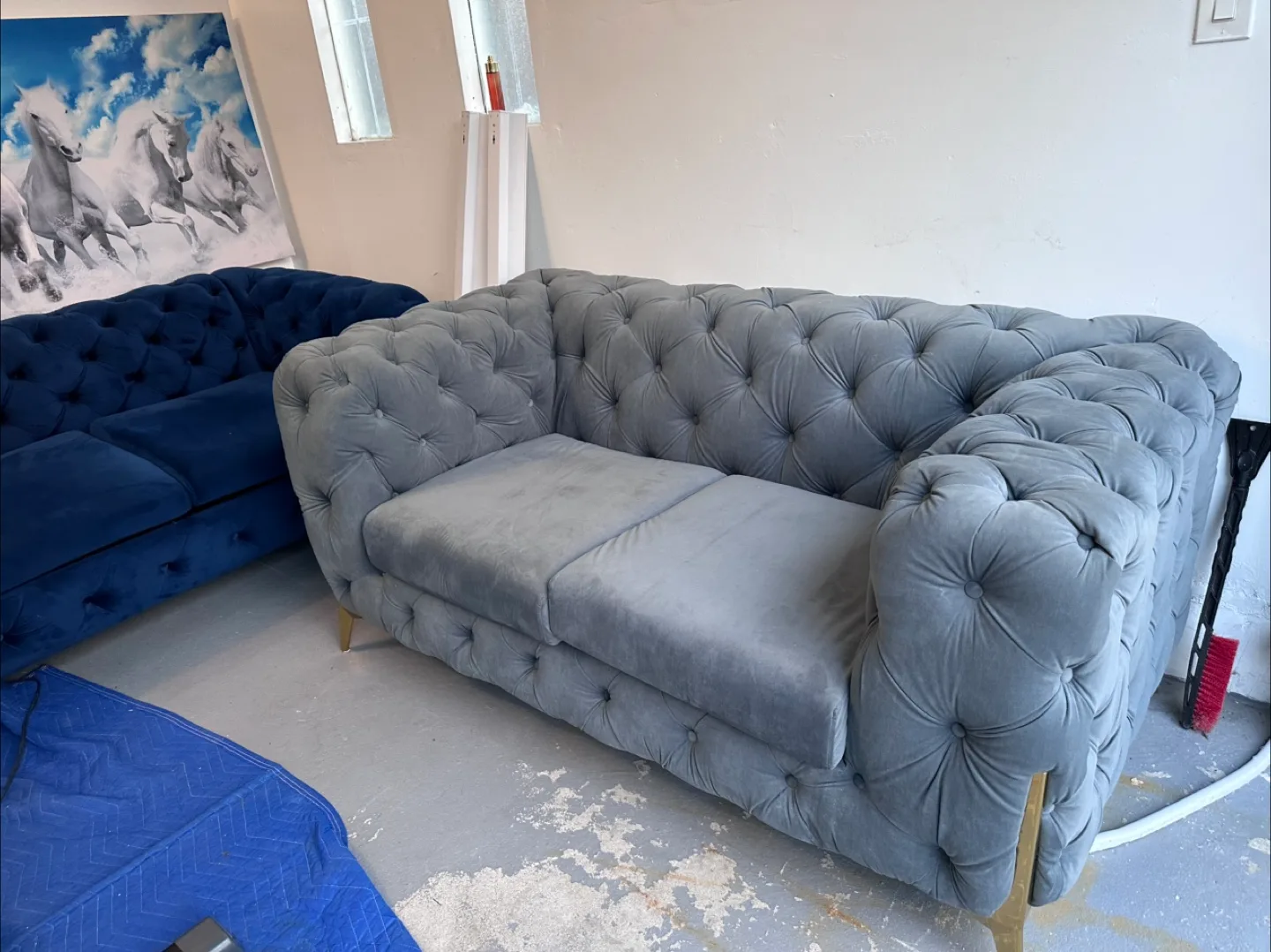 Blue and Grey Velvet Tufted Loveseat thumbnail