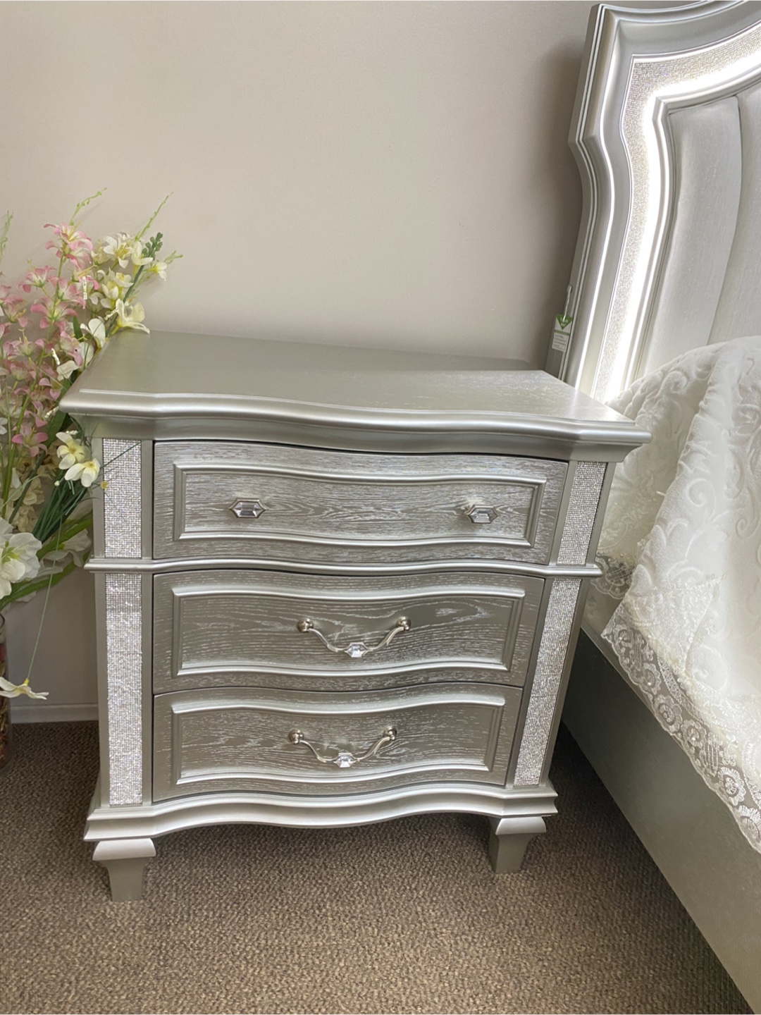 Silver Nightstand with Rhinestone Details - photo 3