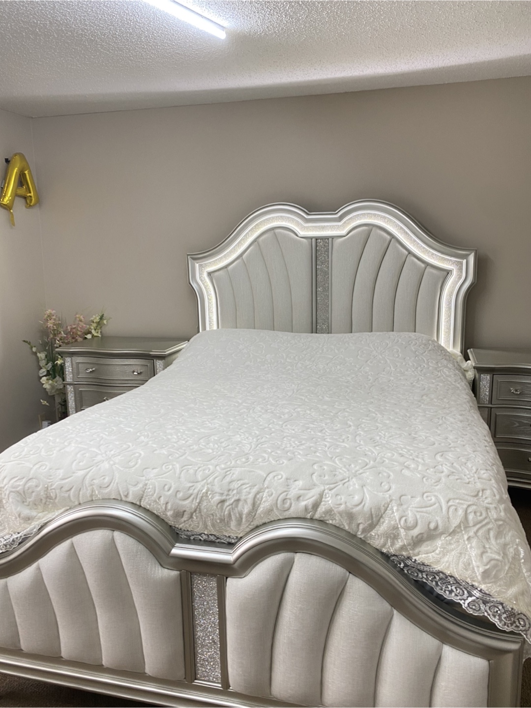 Silver Nightstand with Rhinestone Details
