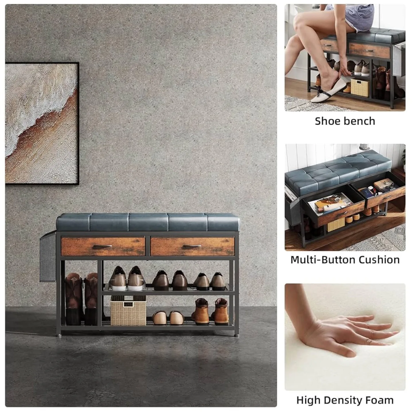 Mutun 3-Tier Shoe Bench with Cushion – Blue