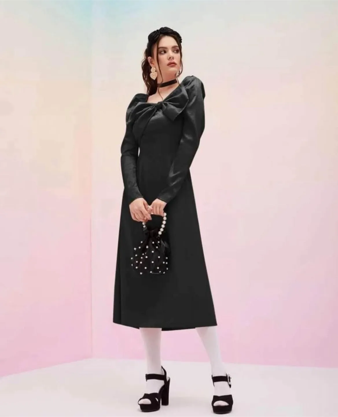 Black Long Sleeve Bow Dress image indicator(4)