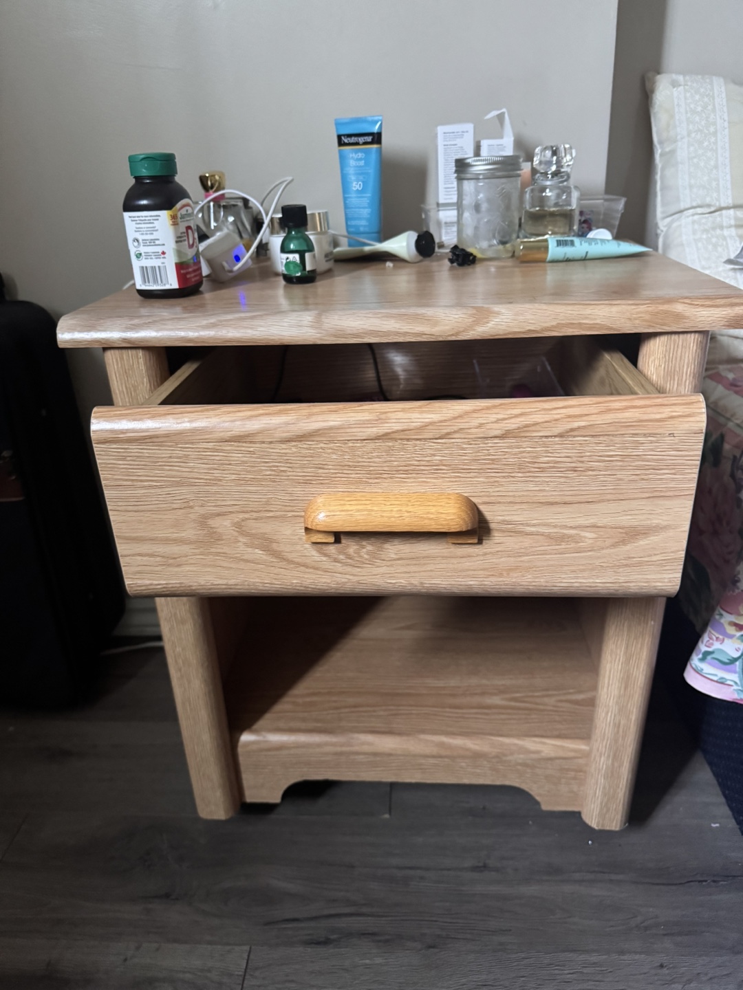 Oak Wood Nightstand with Drawer - photo 3