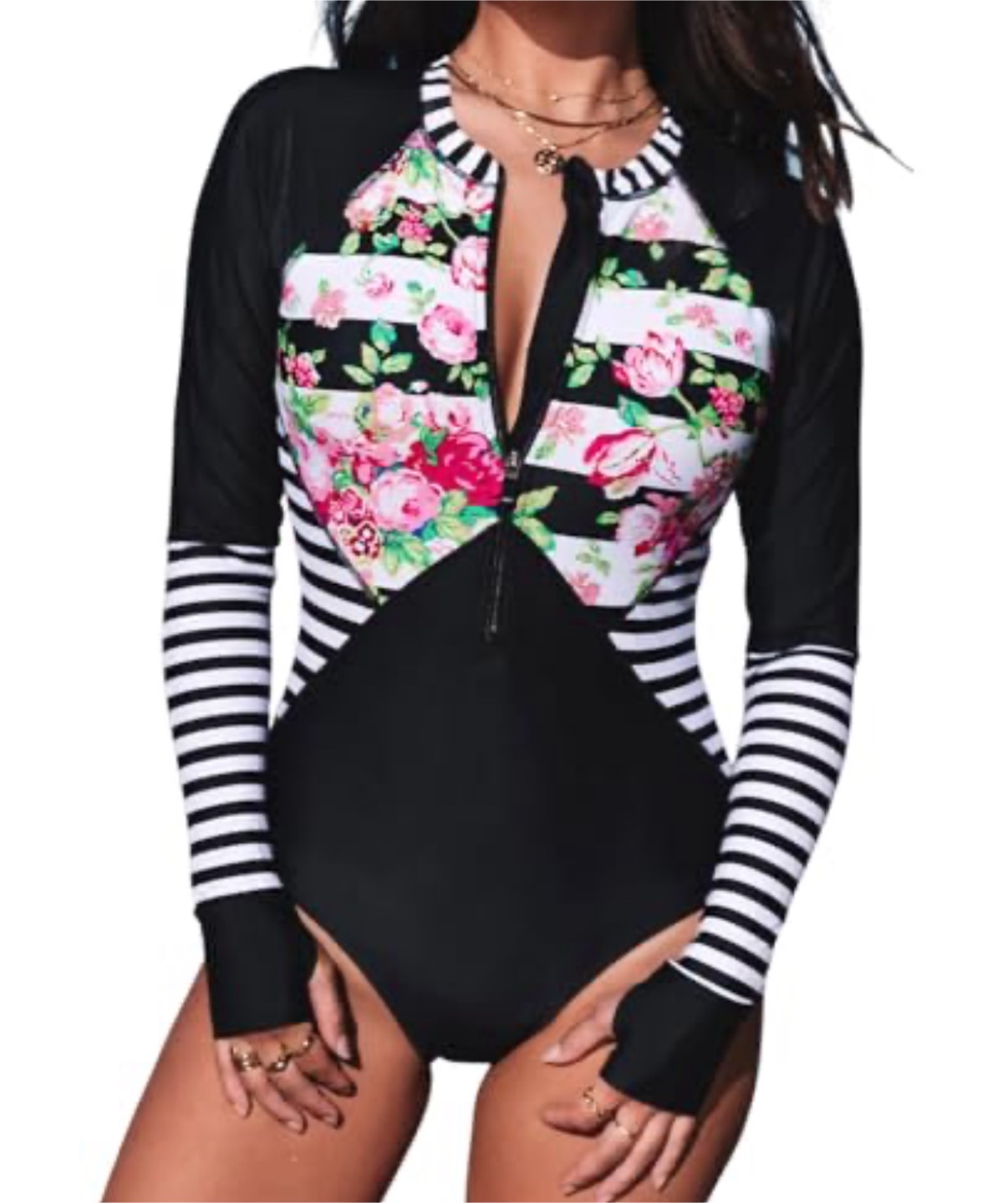 Long Sleeve Floral Zip Front Swimsuit