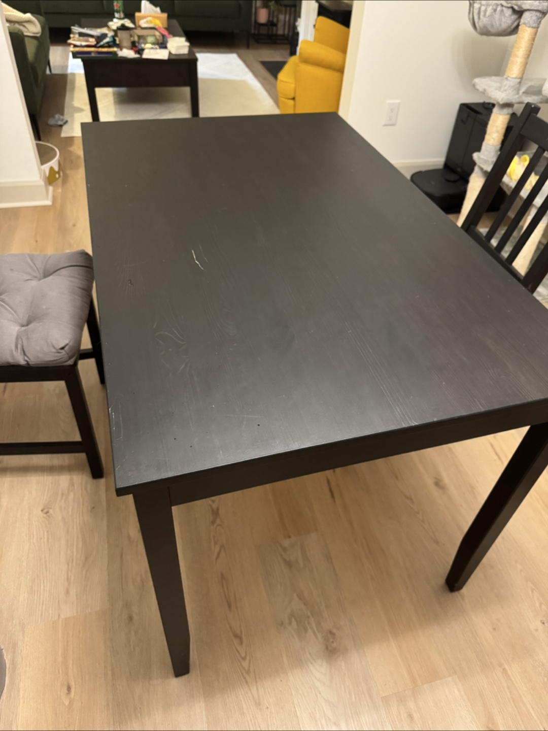 Black Dining Table with two Grey Cushion Chair