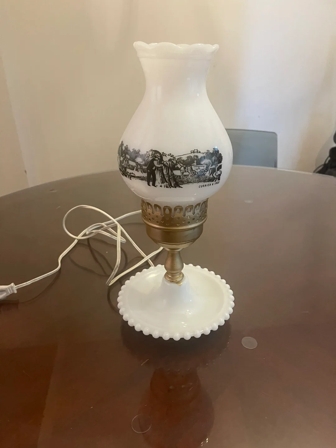 Vintage Milk Glass Lamp with Black Transfer Design image indicator(2)