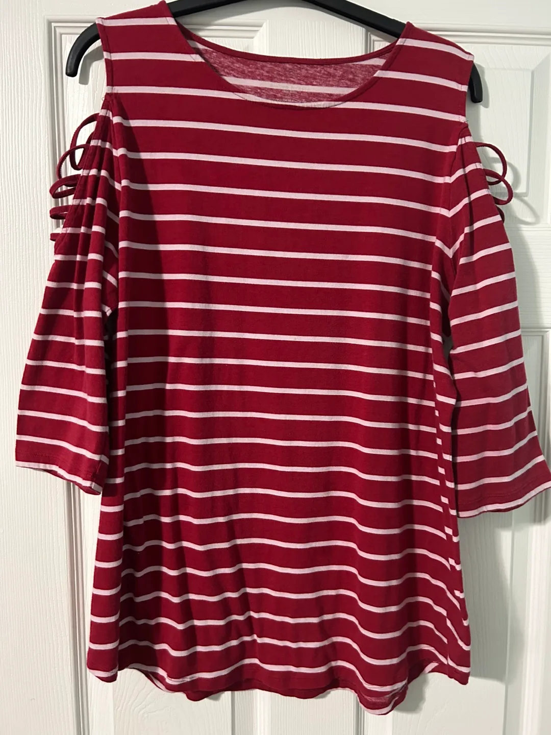 Striped Cold Shoulder Top, Red & White thumbnail