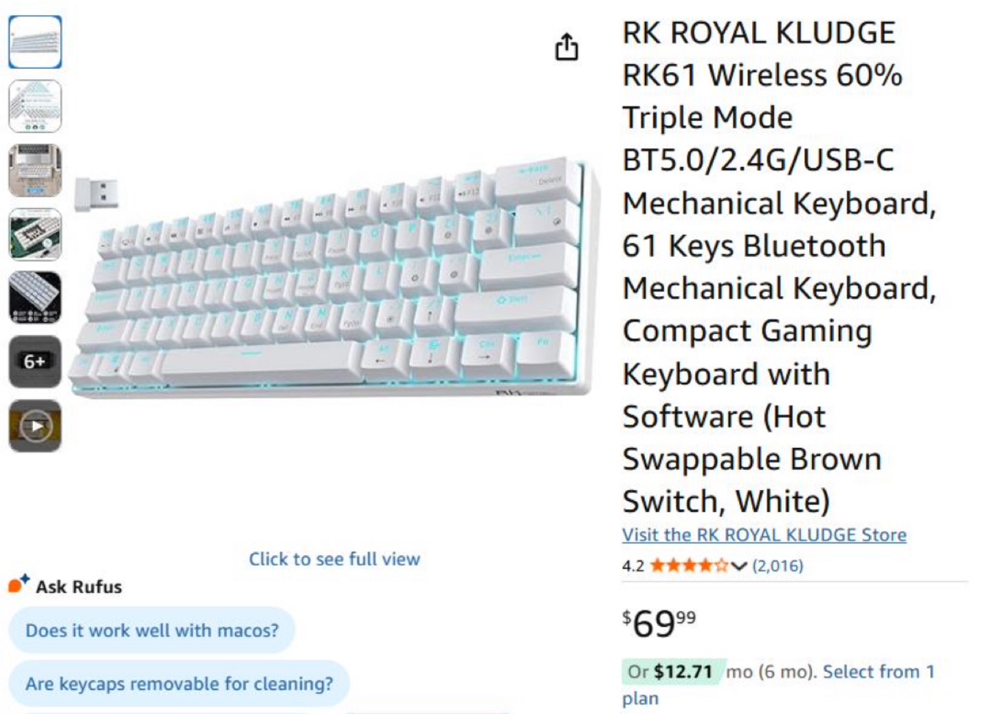 RK Royal Kludge RK61 Wireless 60% Mechanical Keyboard - White - photo 2