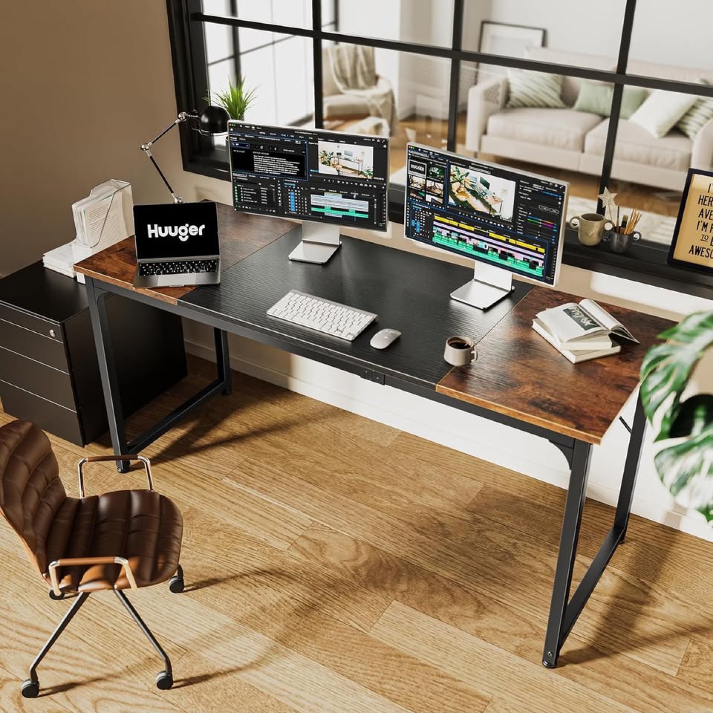 New - Huuger 63 Inch Modern Rustic Brown and Black Gaming Desk - photo 5