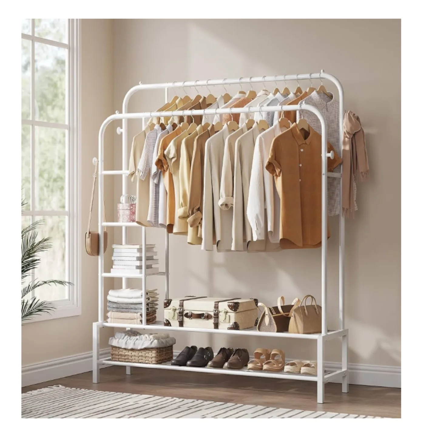 Heavy duty double rods garment rack / white with Shelves thumbnail