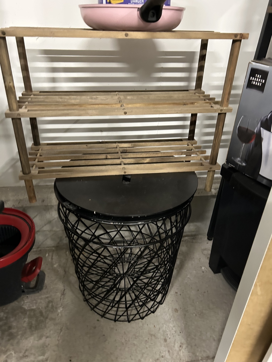 Wood Shoe Rack & Black Metal Basket Table
