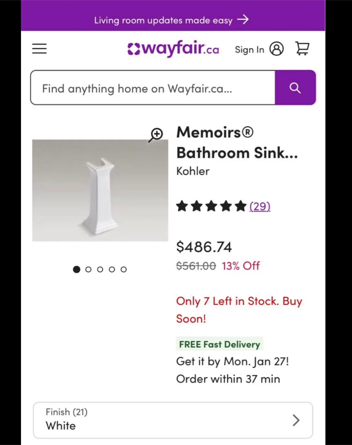 Kohler Memoirs Lavatory Pedestal - White thumbnail