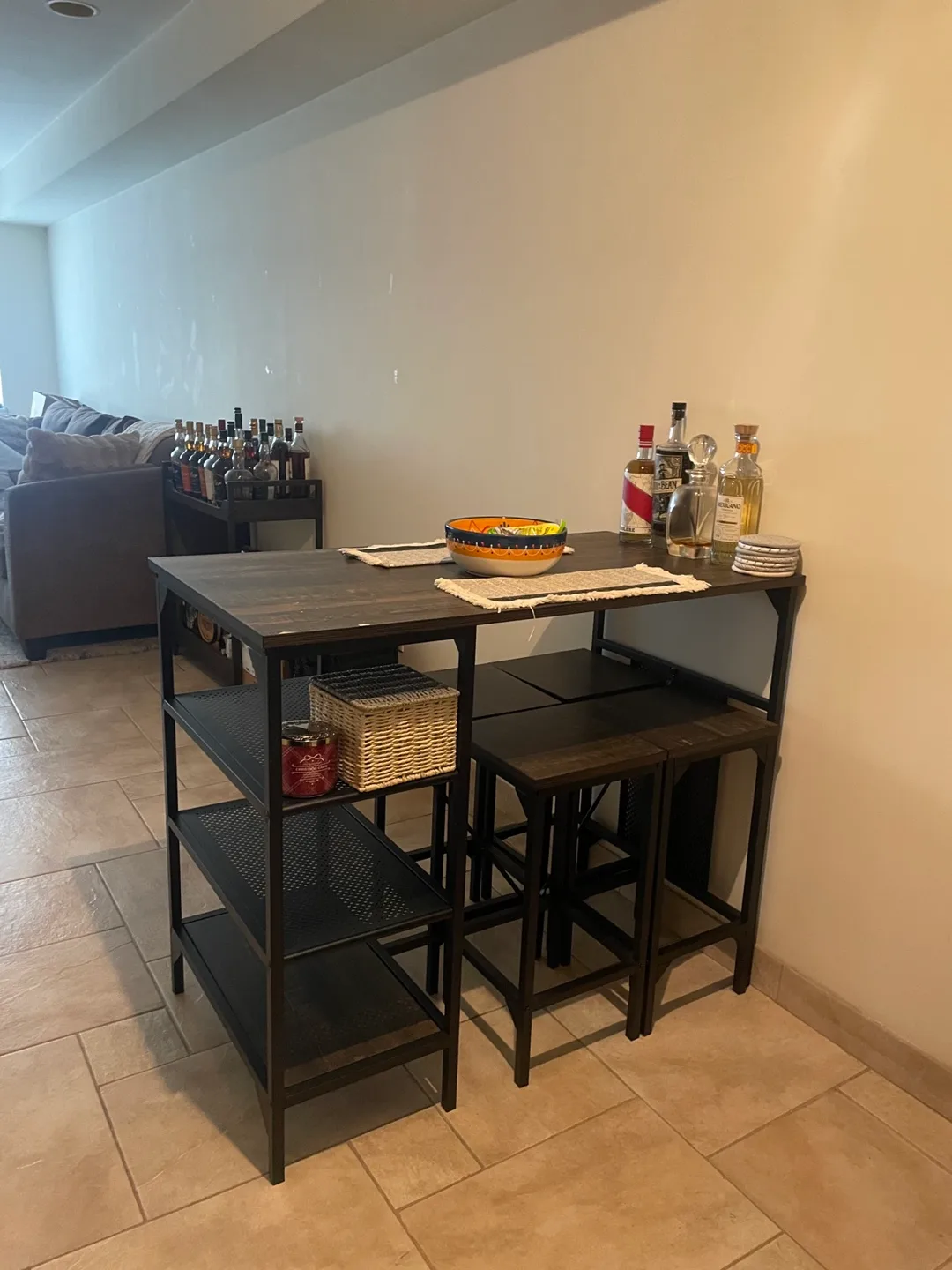 Dark Wood Kitchen/Bar Table with 4 Stools image indicator(4)