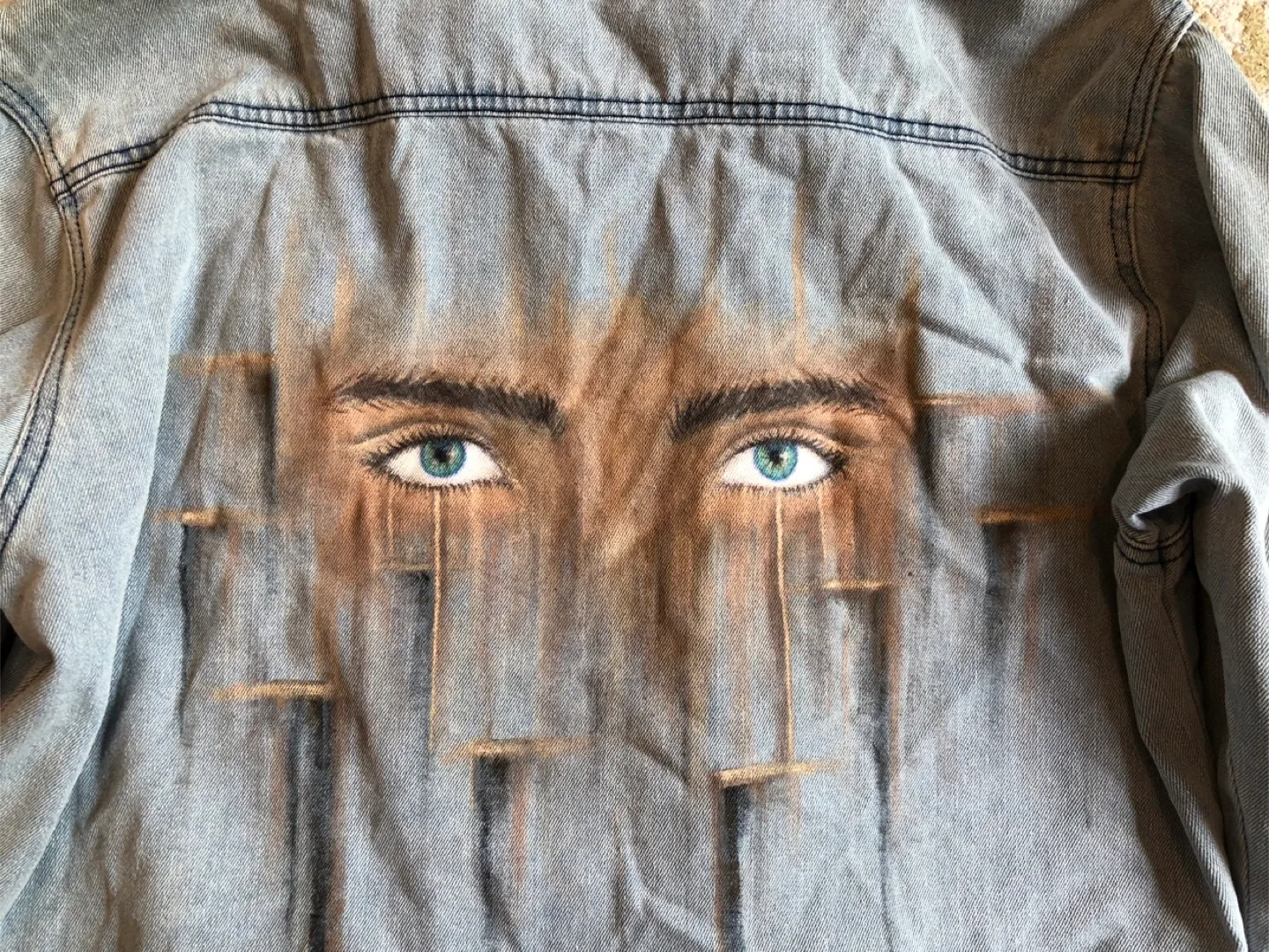 Denim Shirt Jacket with acrylic Eye Design in the back thumbnail