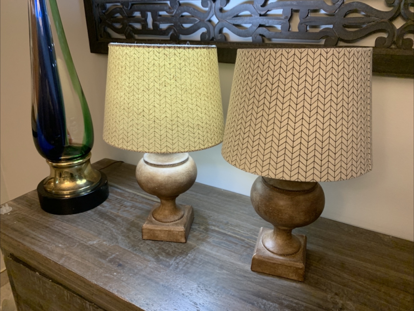 Table Lamps - Wood Finish, Patterned Shades (Set of 2)