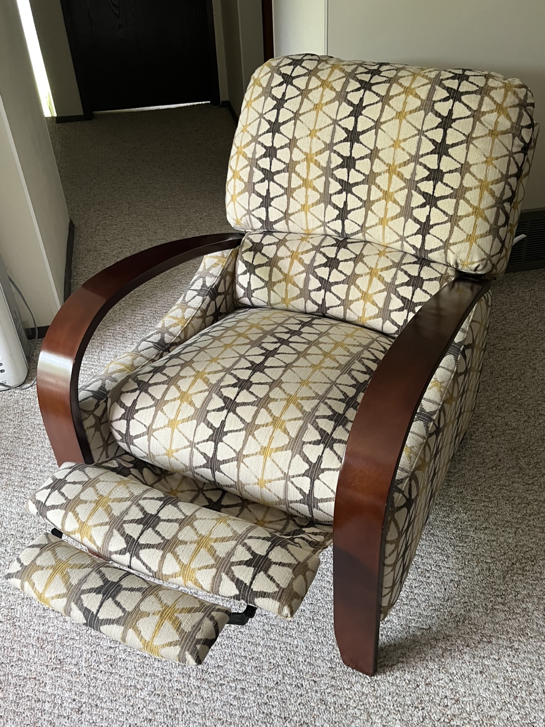 Unique Push-Back Reclining Chair with Dark Wood Arms