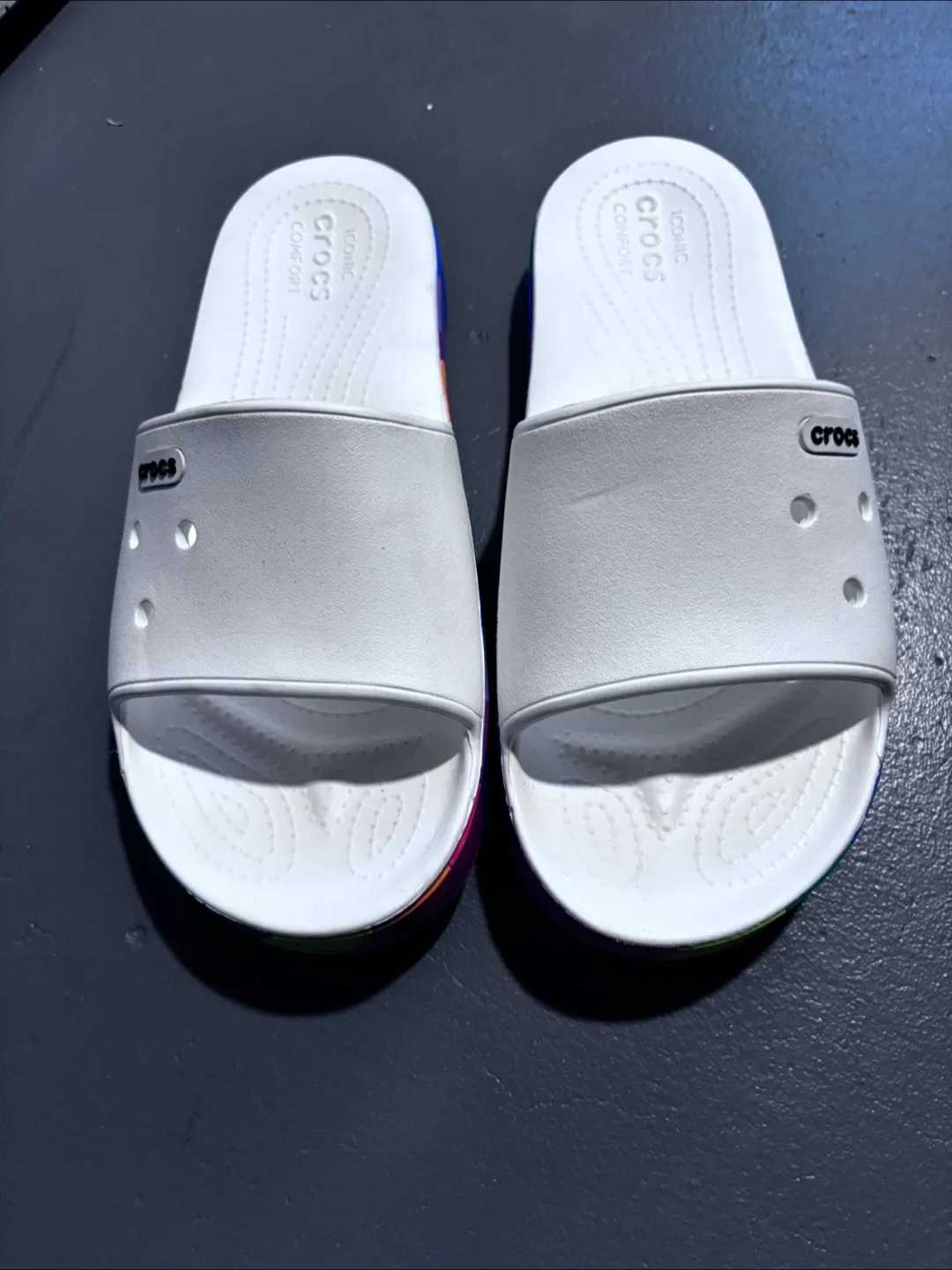 Crocs White Slides with Rainbow Platform thumbnail