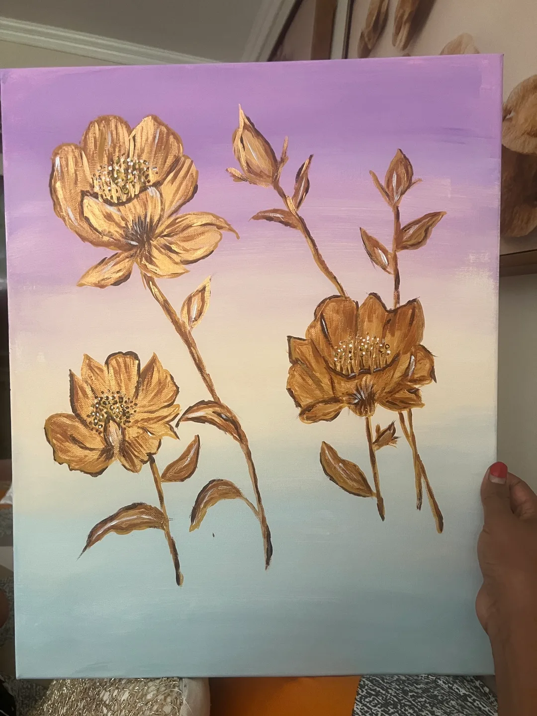 2 Floral Painting - Gold Flowers on Canvas thumbnail