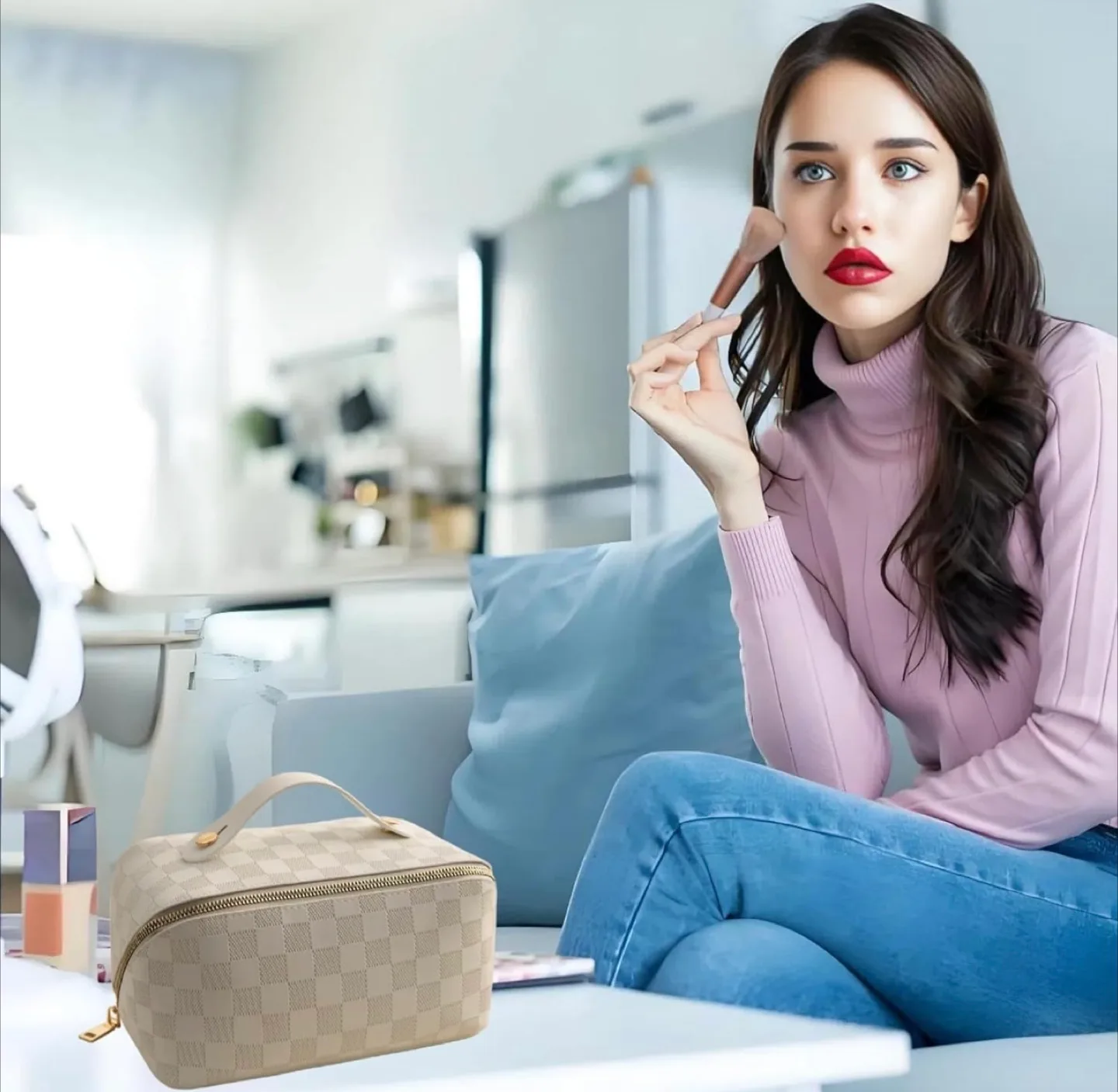 White Checkered Cosmetic Travel Case image indicator(8)