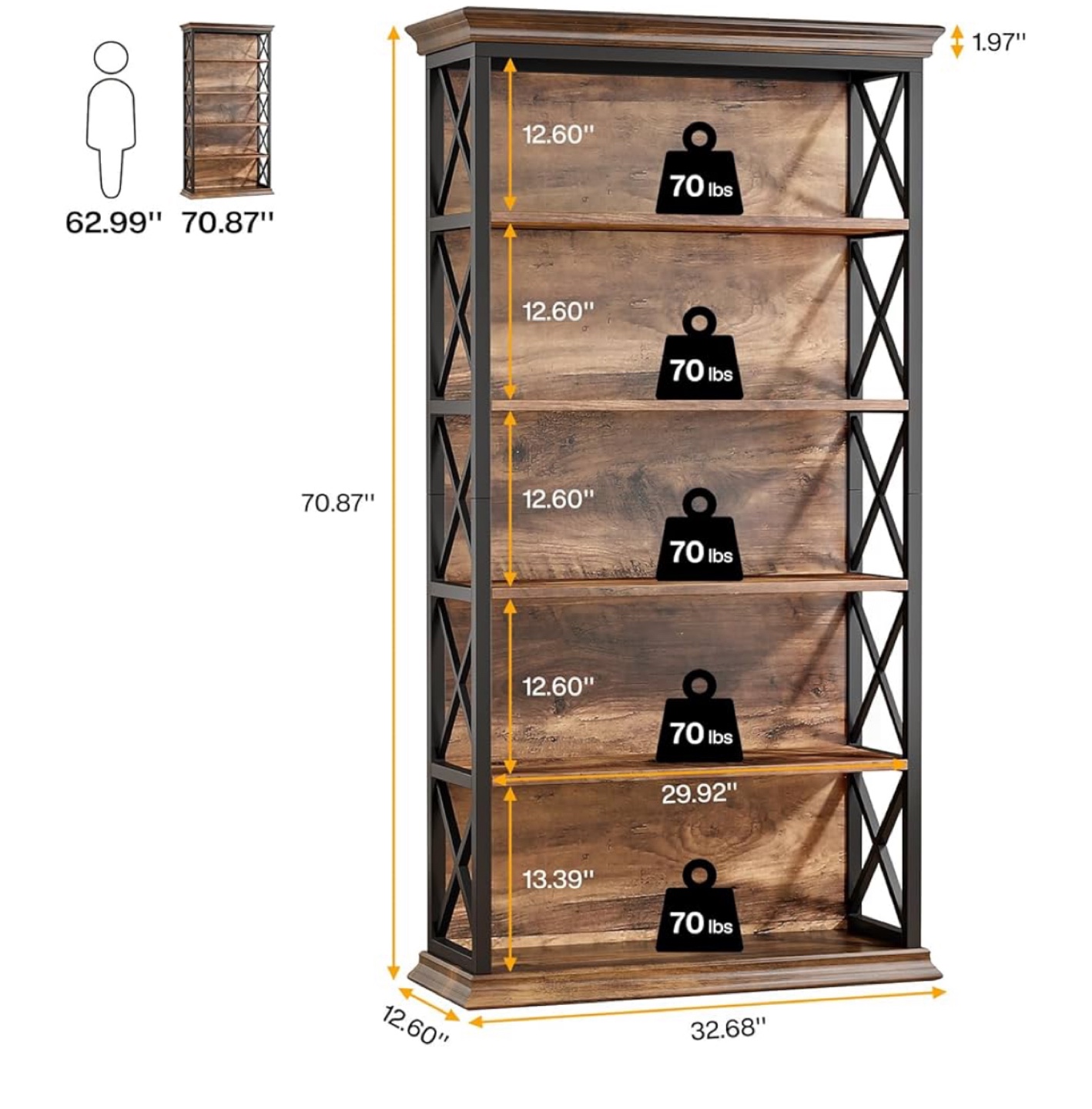Tribesigns 5-Shelf Bookshelf, 70.87" Rustic Brown - photo 2