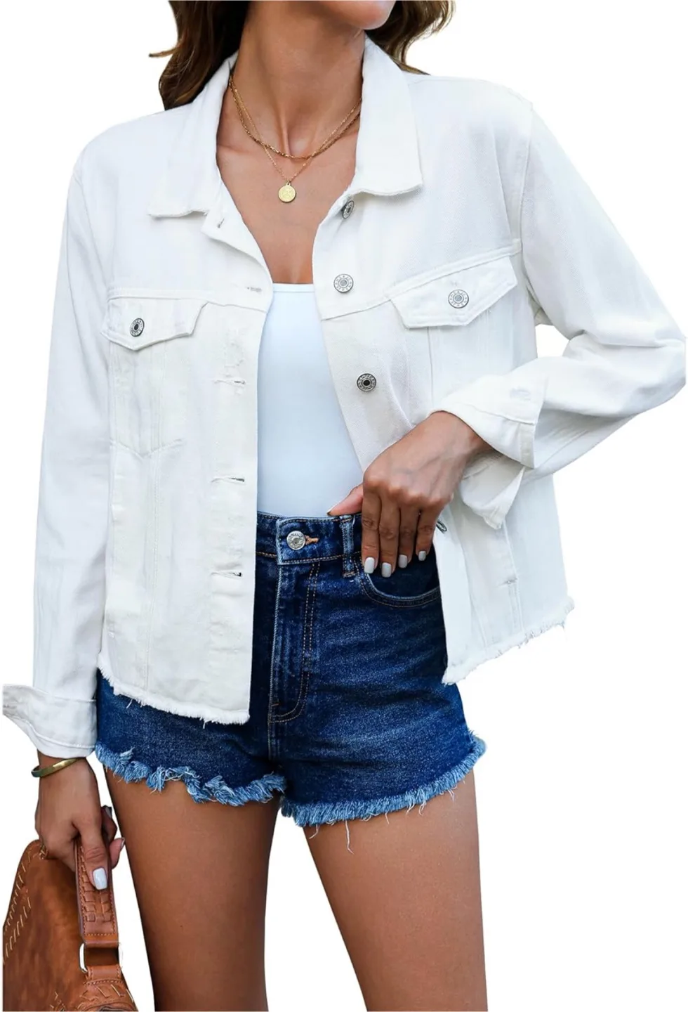 NEW! Distressed Frayed Hem Jean White Denim Jacket thumbnail