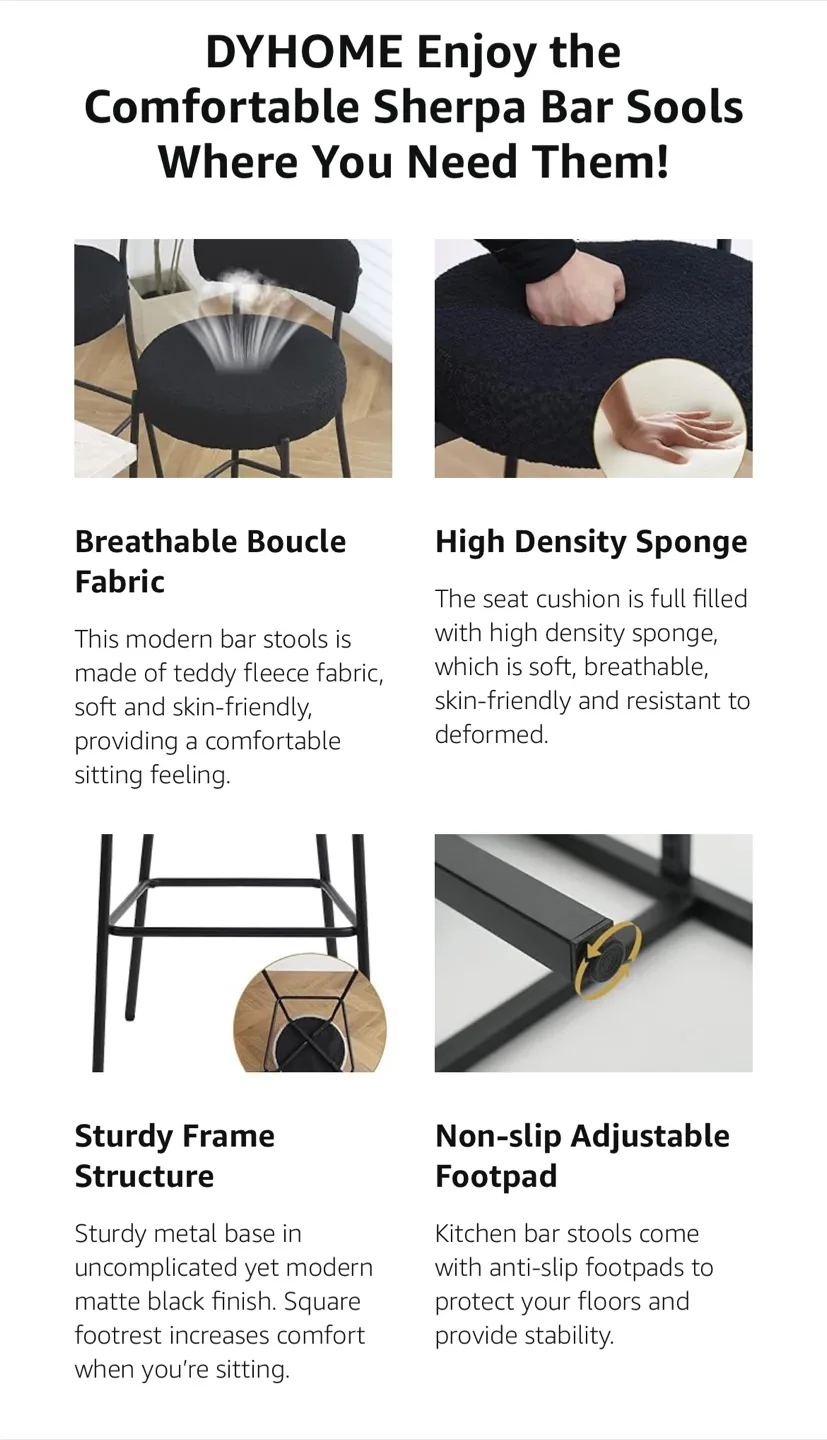 Black Boucle Bar Stools Set of 3, 27” Counter Height. New! image indicator(2)