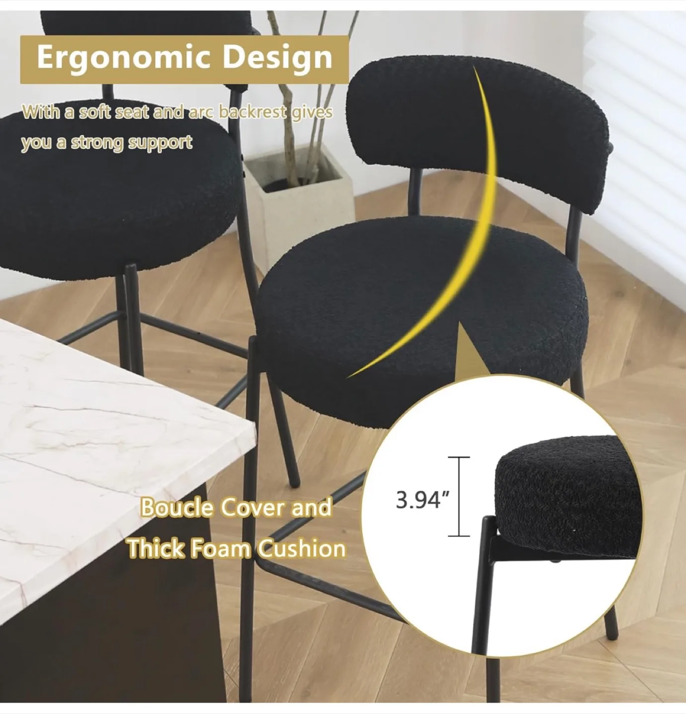 Black Boucle Bar Stools Set of 3, 27” Counter Height. New! image indicator(4)