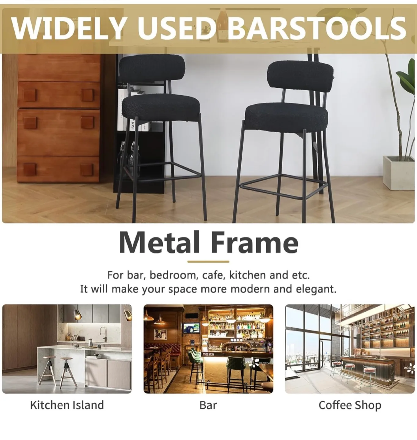 Black Boucle Bar Stools Set of 3, 27” Counter Height. New! image indicator(3)