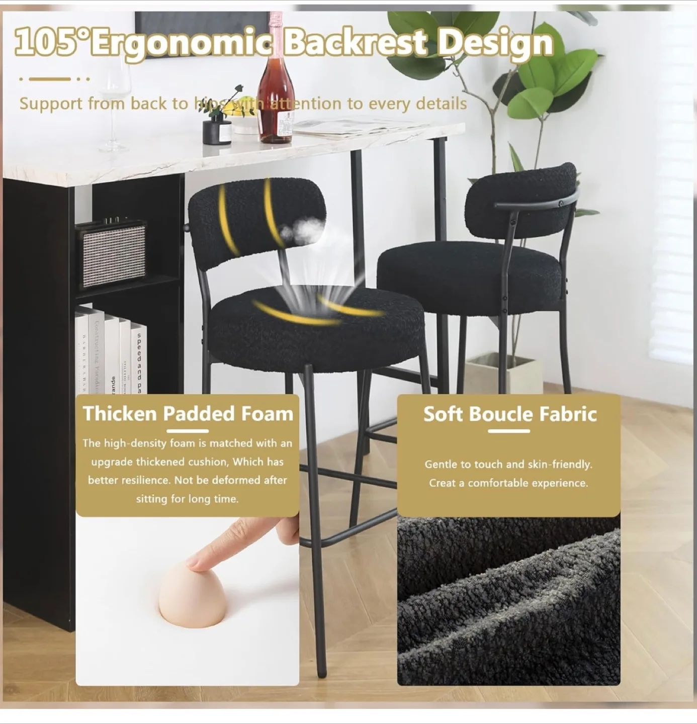 Black Boucle Bar Stools Set of 3, 27” Counter Height. New! image indicator(6)