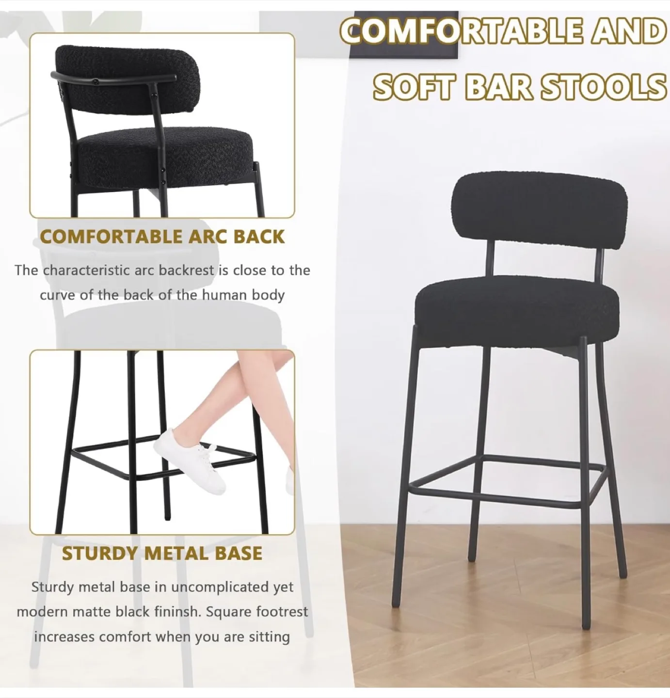 Black Boucle Bar Stools Set of 3, 27” Counter Height. New! image indicator(7)
