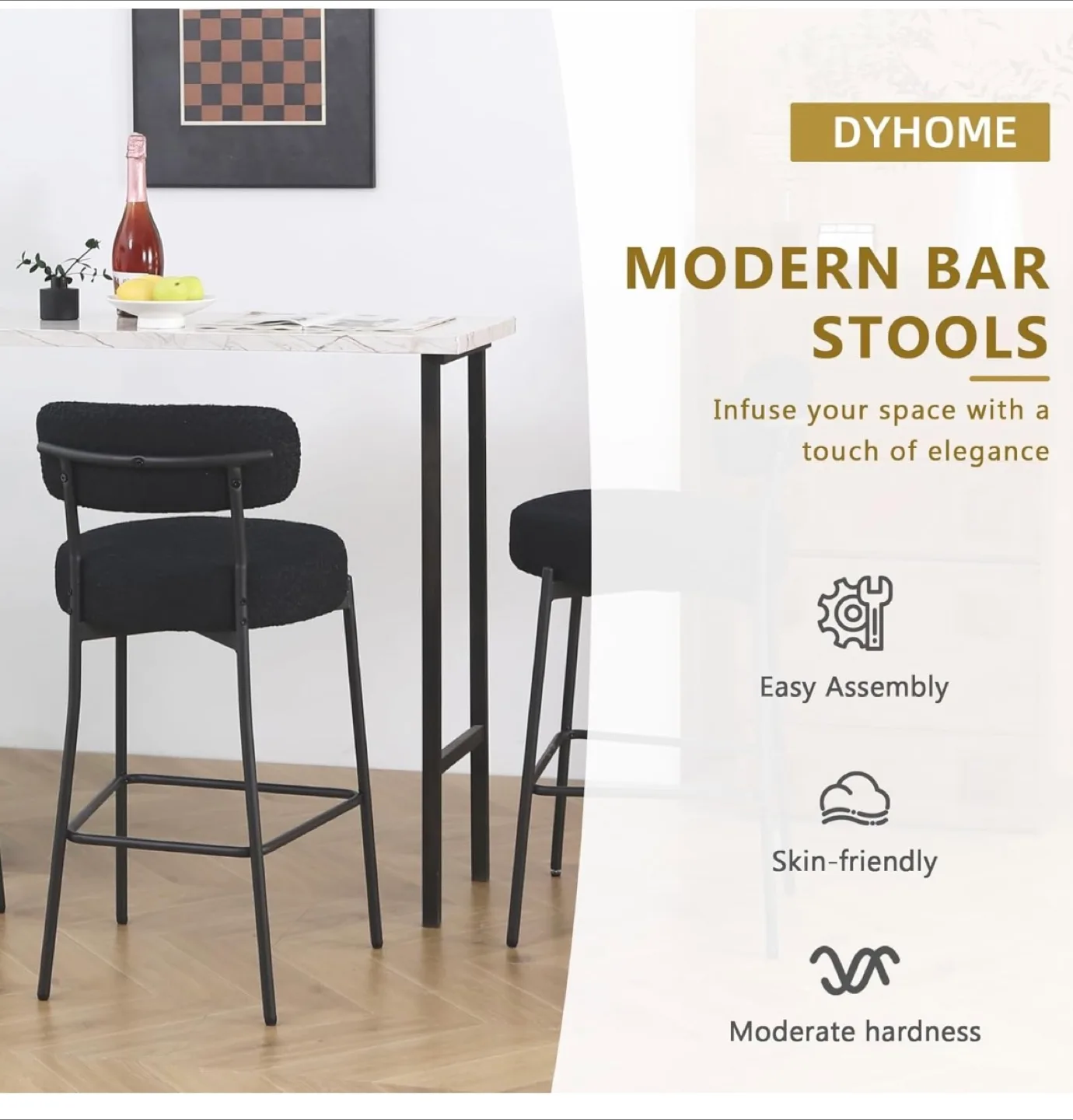 Black Boucle Bar Stools Set of 3, 27” Counter Height. New! image indicator(8)