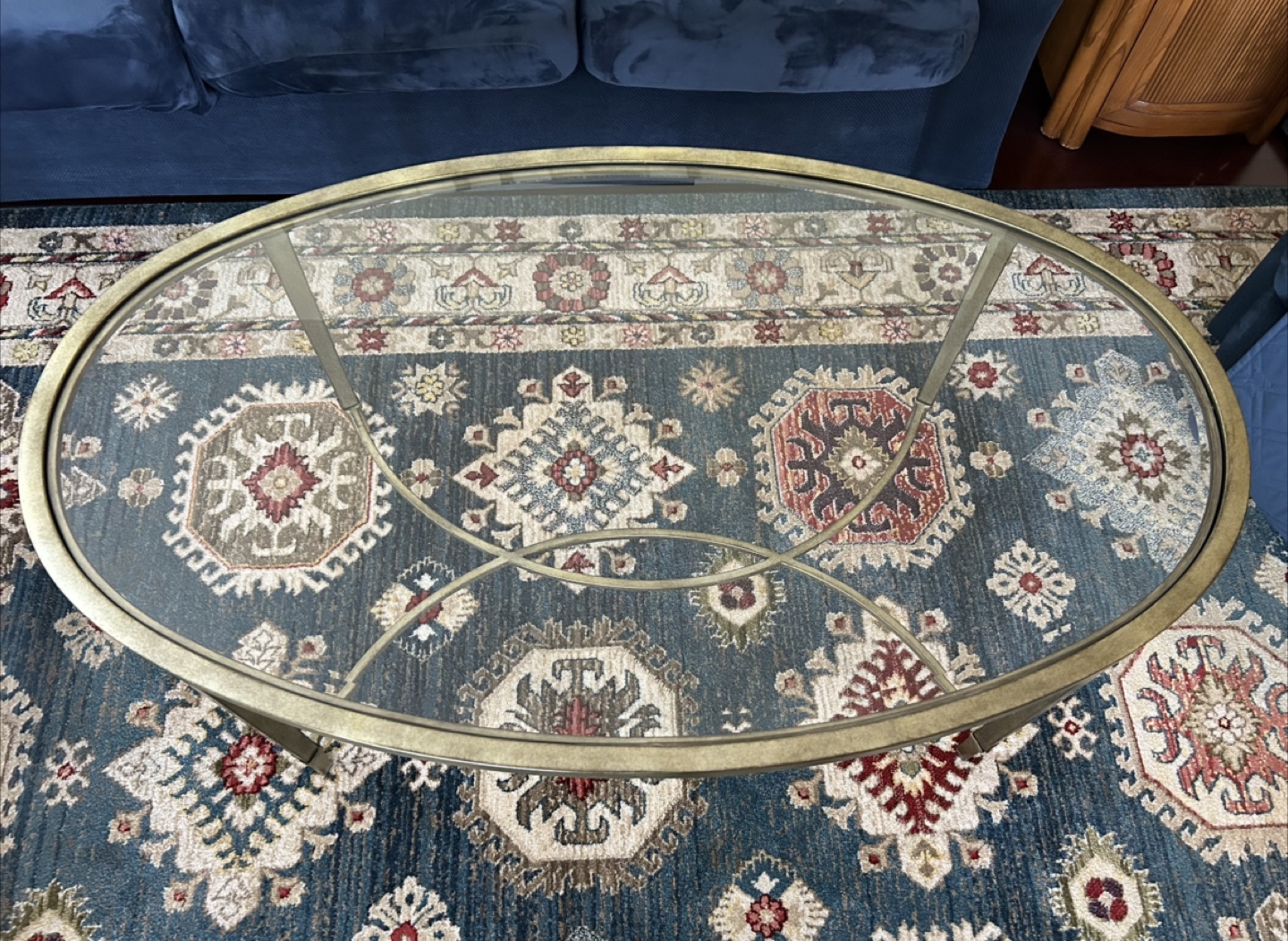 Oval Glass Top Coffee Table - Antique-style brass finish