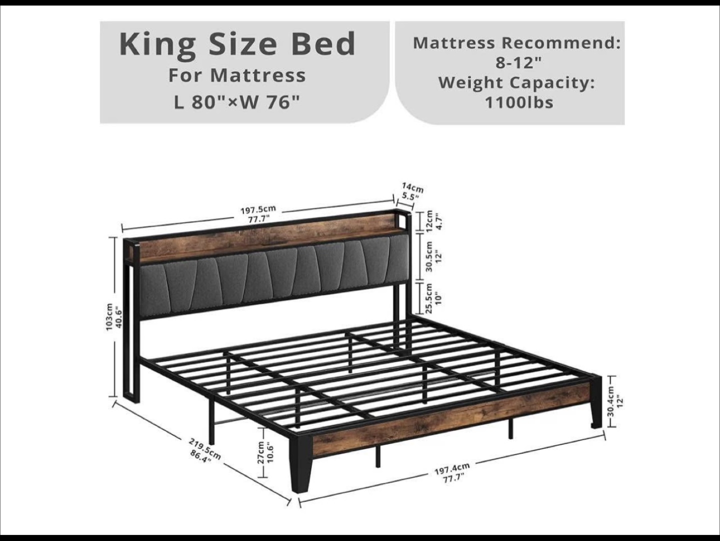 King Size Bed Frame with Headboard + mattress - photo 2