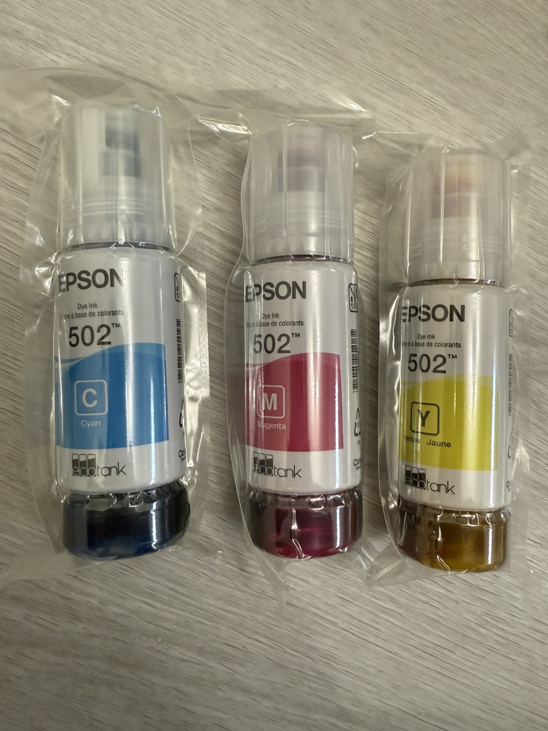 New Epson 502 Ink Bottles - Cyan, Magenta, Yellow
