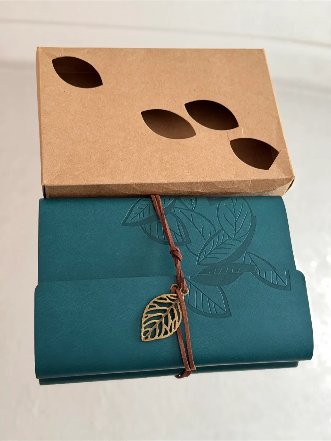 Teal Leather Journal with Leaf Charm & Box image indicator(3)