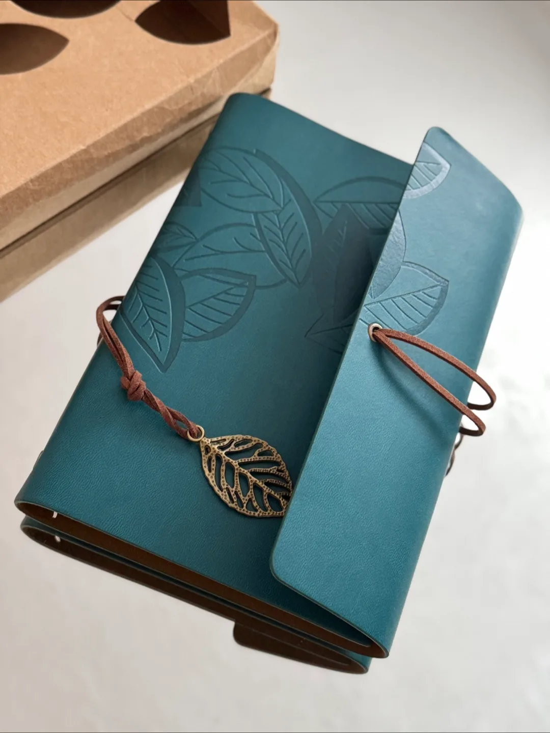 Teal Leather Journal with Leaf Charm & Box image indicator(6)