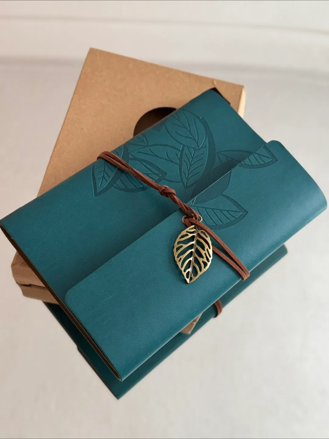 Teal Leather Journal with Leaf Charm & Box image indicator(2)