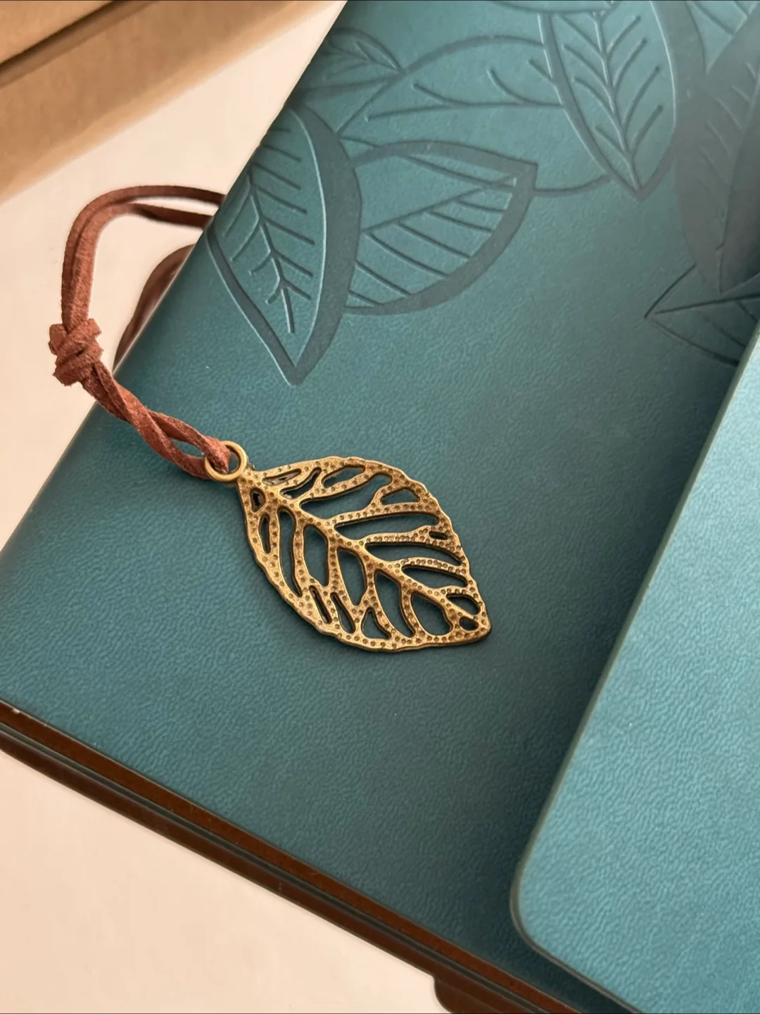 Teal Leather Journal with Leaf Charm & Box image indicator(7)