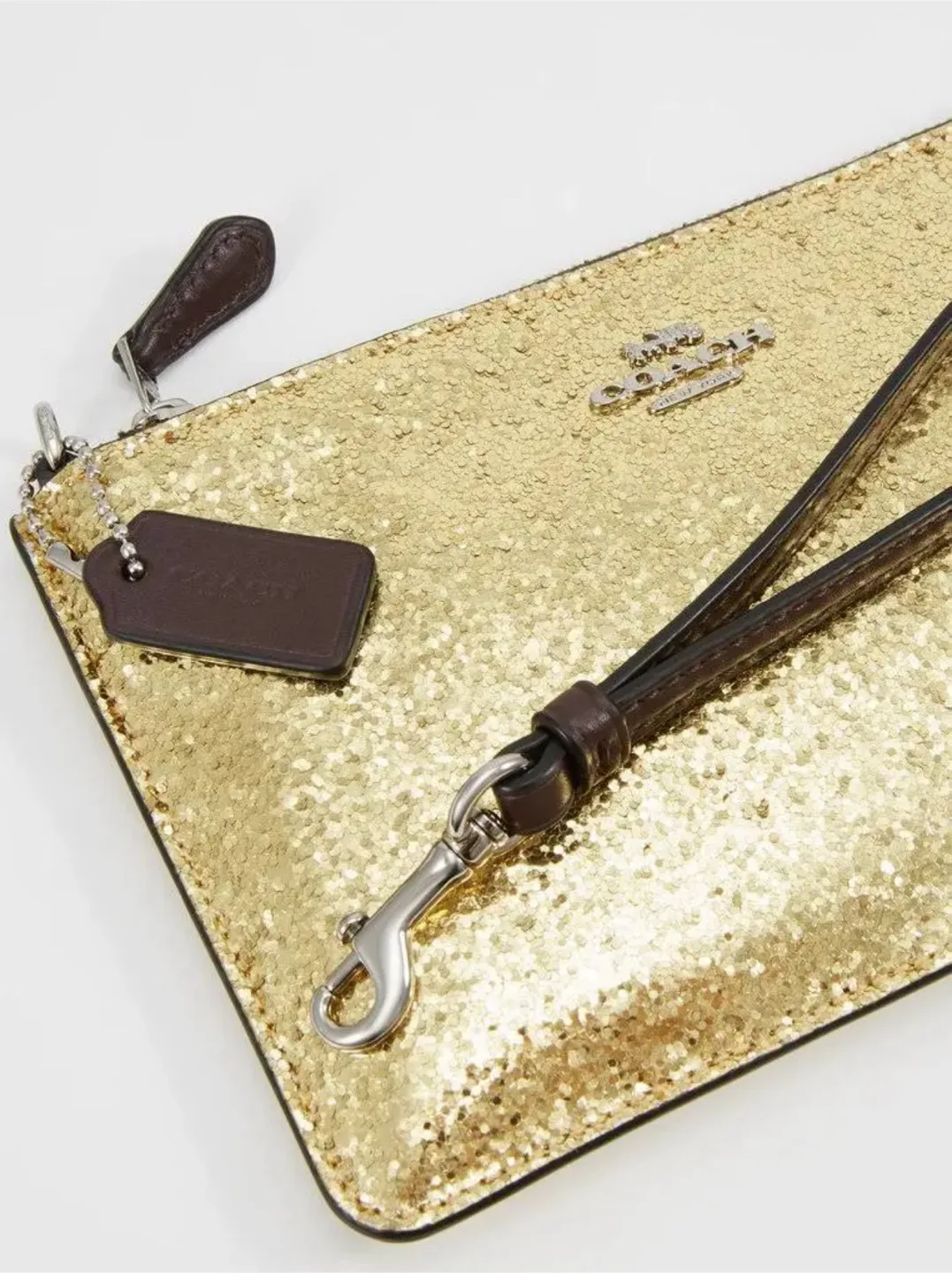 New With Tags Coach Gold Leather Glitter Wristlet image indicator(2)