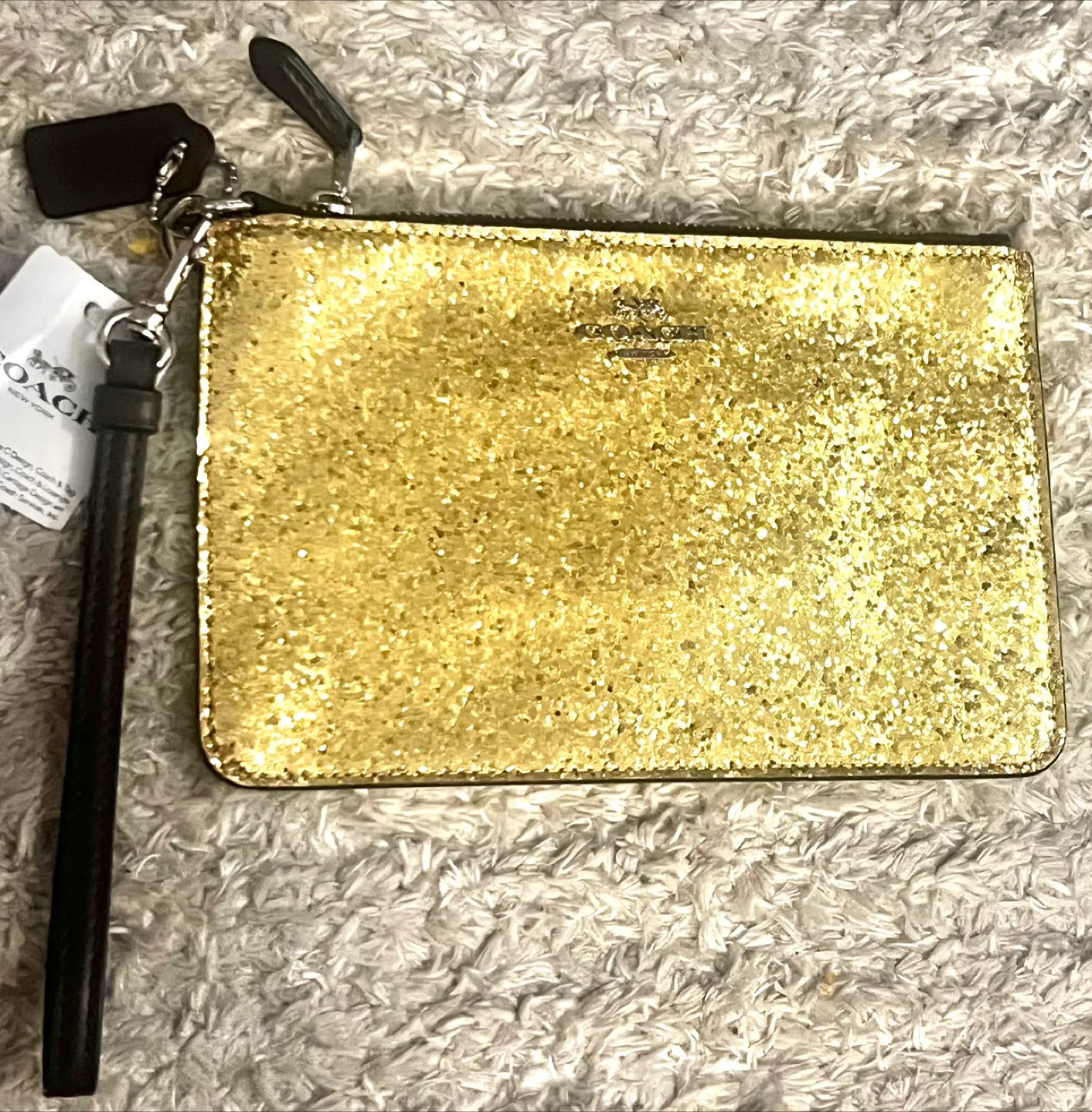 New With Tags Coach Gold Leather Glitter Wristlet image indicator(6)