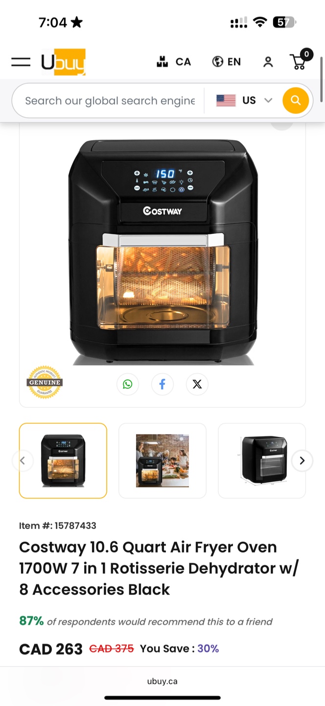Costway 10.6 Quart Air Fryer Oven - Black