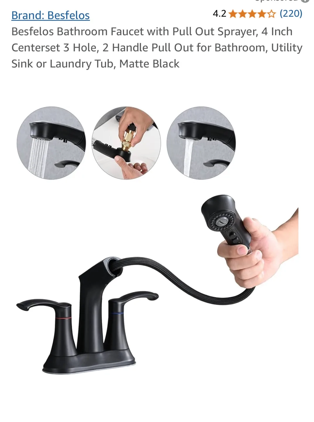 Besfelos Matte Black Bathroom Faucet with Pull Out Sprayer thumbnail