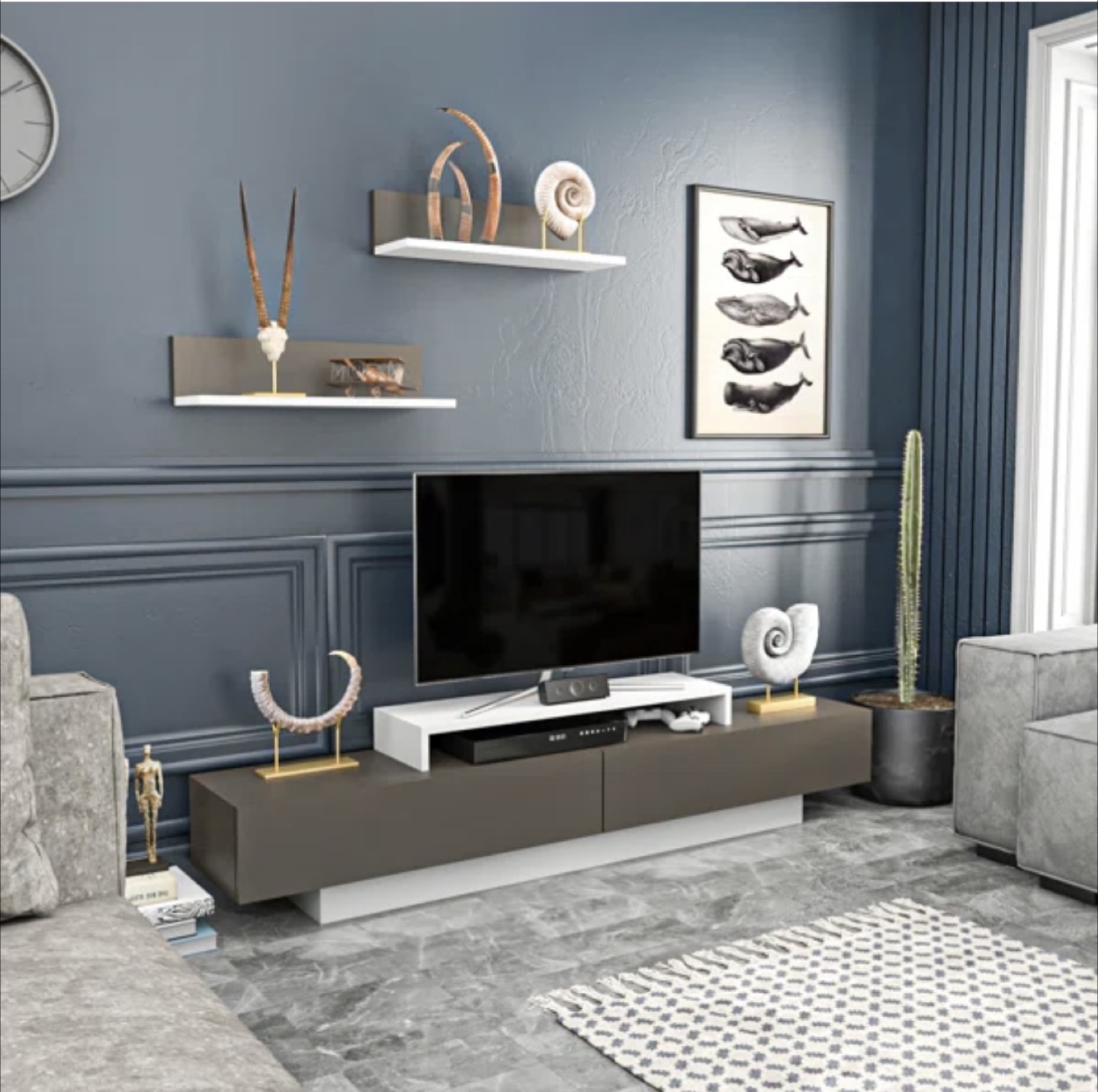TV Stand with Shelves, Dark Grey & White - photo 2