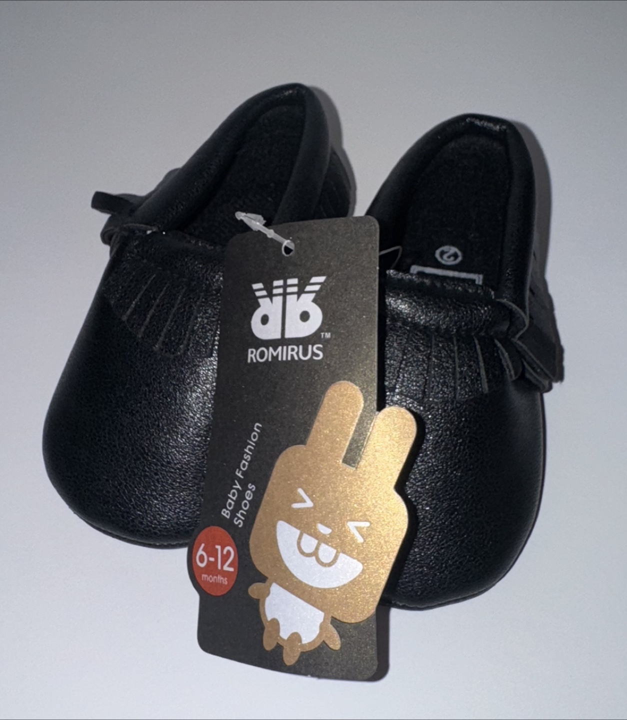 Brand New Black Unisex Romirus Baby Moccasins Sz 6-12 Months