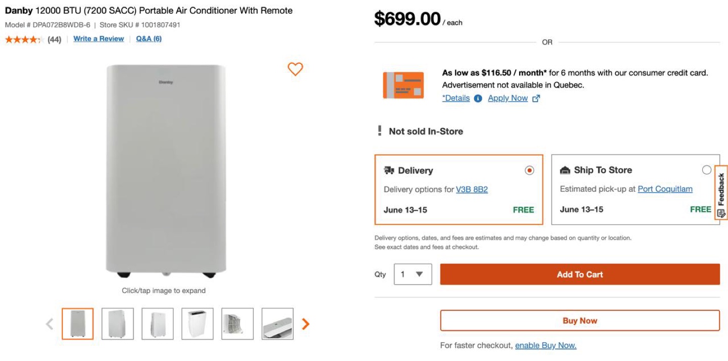 Danby 12000 BTU Portable Air Conditioner w/ Remote