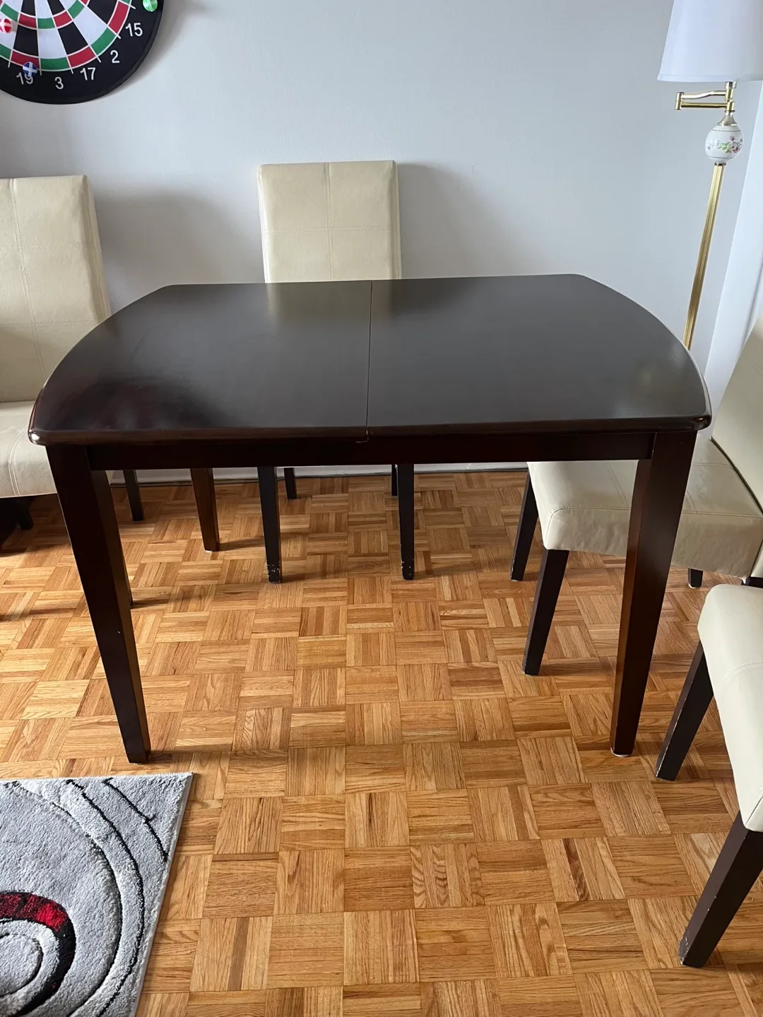 Dark Wood Dining Table with Extension Leaf and 4 Chairs thumbnail